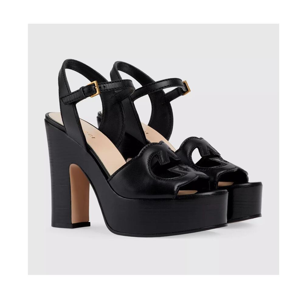 Gucci Cutout Interlocking G 39.5/ US 9.5 Leather Platform Sandals Black NIB